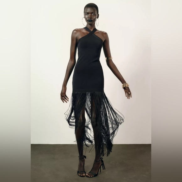 NWT ZARA LONG STRETCH FRINGE DRESS SIZE S - Picture 3 of 12